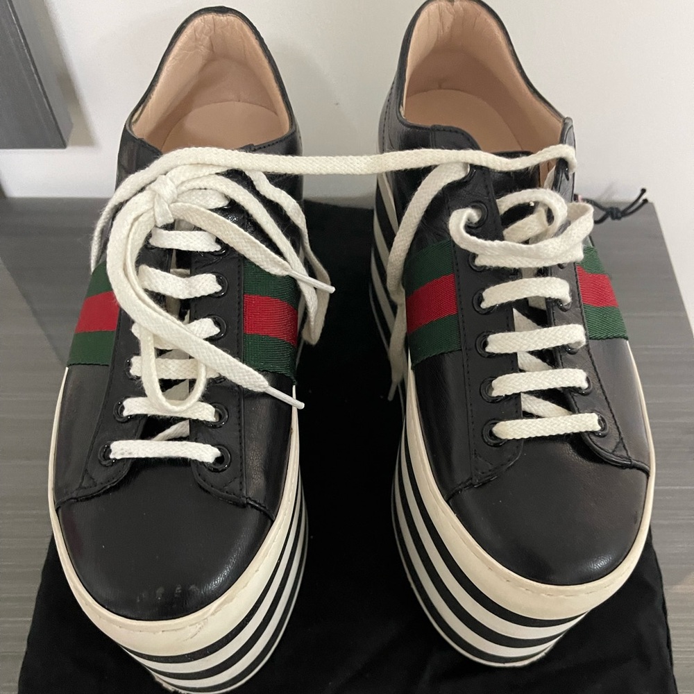 Gucci Shoes | Leather Peggy Wedge Platform Sneakers - Picture 6 of 10